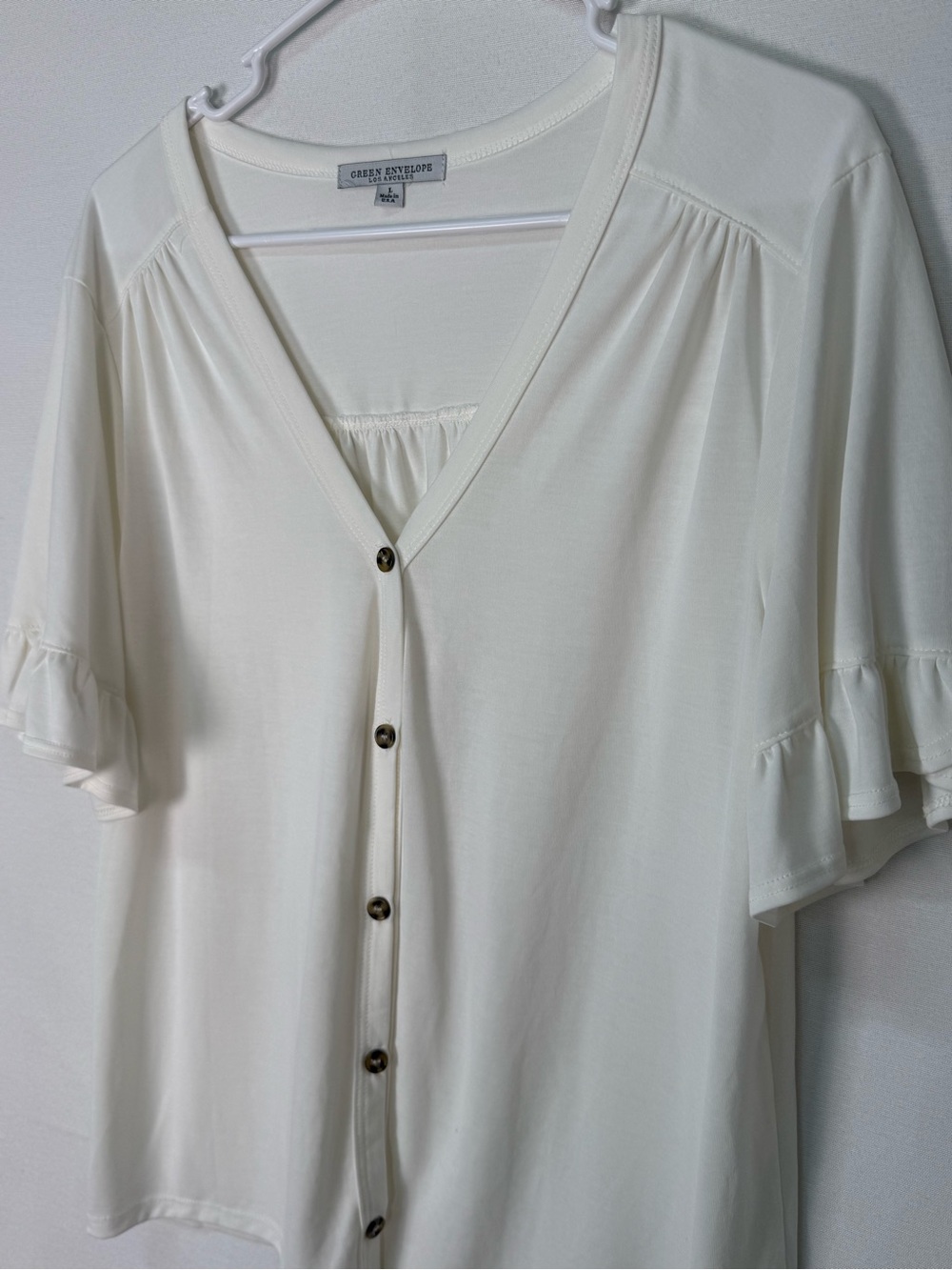 Green Envelope Cream Ruffle Sleeve Button-Front Top - Picture 3 of 7